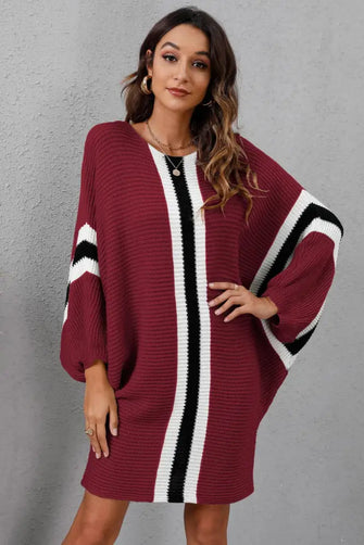 Burgundy Knit Sweater Dress with Long Sleeves and Round Neck Burgundy Woman Sweater Dresses