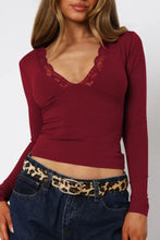 Burgundy Lace Trim Long Sleeve Top for Women Burgundy