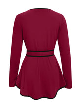 Burgundy Long Sleeve Peplum Top with Black Trim for Women
