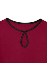 Burgundy Long Sleeve Peplum Top with Black Trim for Women