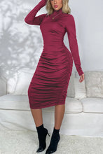 Burgundy Long Sleeve Ruched Midi Dress for Evenings