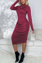Burgundy Long Sleeve Ruched Midi Dress for Evenings Evening Dresses