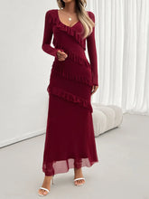 Burgundy Long Sleeve Ruffled Maxi Dress