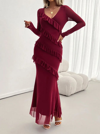 Burgundy Long Sleeve Ruffled Maxi Dress Burgundy