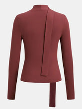 Burgundy Long Sleeve Top with Neck Tie Detail Woman T Shirts