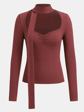 Burgundy Long Sleeve Top with Neck Tie Detail Woman T Shirts