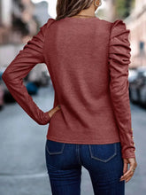 Burgundy Long Sleeve Top with Puffed Shoulders for Women Woman T Shirts