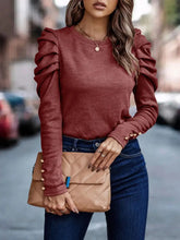 Burgundy Long Sleeve Top with Puffed Shoulders for Women Woman T Shirts