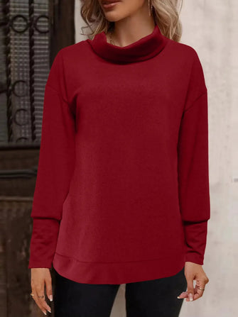 Burgundy Long Sleeve Turtleneck Blouse with Buttoned Back Burgundy
