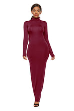 Burgundy Long Sleeve Turtleneck Maxi Dress Bodycon Fit