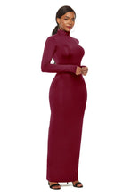 Burgundy Long Sleeve Turtleneck Maxi Dress Bodycon Fit