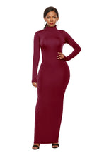 Burgundy Long Sleeve Turtleneck Maxi Dress Bodycon Fit