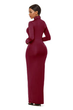 Burgundy Long Sleeve Turtleneck Maxi Dress Bodycon Fit