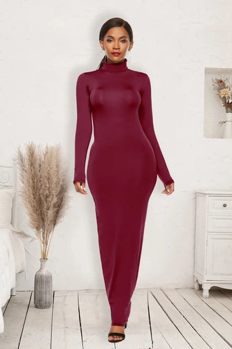 Burgundy Long Sleeve Turtleneck Maxi Dress Bodycon Fit Burgundy