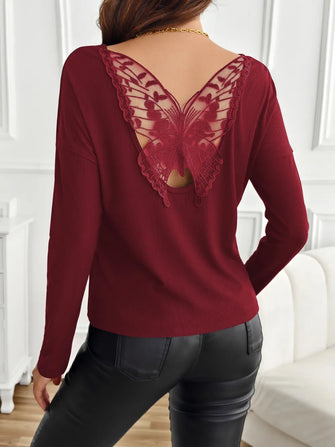 Burgundy Long-Sleeved Top with Butterfly Lace Back Burgundy