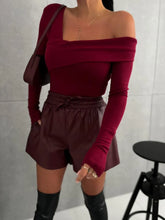 Burgundy Off-the-Shoulder Long Sleeve Top and Shorts Set