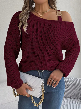 Burgundy One Shoulder Knit Sweater with Buckle and Moderate Stretch Wine