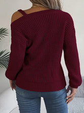 Burgundy One Shoulder Knit Sweater with Buckle and Moderate Stretch