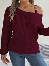 Burgundy One Shoulder Knit Sweater with Buckle and Moderate Stretch