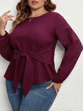 Burgundy plus size long sleeve blouse with tie waist and peplum hem