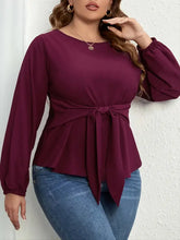 Burgundy plus size long sleeve blouse with tie waist and peplum hem