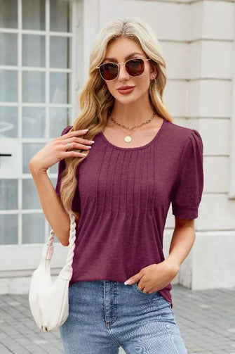 Burgundy Puff Sleeve Pleated Top for Women Plum Purple