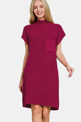 Burgundy Ribbed Knit Mock Neck Short Sleeve Sweater Dress Cabernet