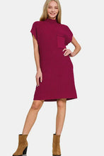 Burgundy Ribbed Knit Mock Neck Short Sleeve Sweater Dress