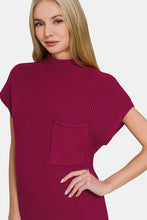 Burgundy Ribbed Knit Mock Neck Short Sleeve Sweater Dress