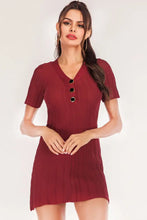 Burgundy Ribbed Knit V Neck Mini Dress with Buttons Burgundy One Size Woman Sweater Dresses