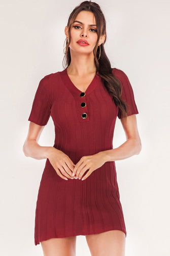 Burgundy Ribbed Knit V Neck Mini Dress with Buttons Burgundy One Size