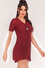 Burgundy Ribbed Knit V Neck Mini Dress with Buttons