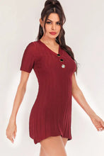 Burgundy Ribbed Knit V Neck Mini Dress with Buttons Woman Sweater Dresses