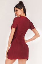 Burgundy Ribbed Knit V Neck Mini Dress with Buttons
