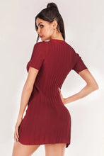 Burgundy Ribbed Knit V Neck Mini Dress with Buttons Woman Sweater Dresses