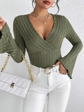 Burgundy Ribbed Knit Wrap Top for Women Army Green Woman T Shirts