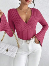Burgundy Ribbed Knit Wrap Top for Women Woman T Shirts