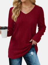 Burgundy Ribbed V-Neck Long Sleeve Sweater