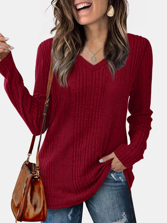 Burgundy Ribbed V-Neck Long Sleeve Sweater Burgundy