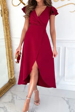 Burgundy ruffle sleeve wrap midi dress with side slit