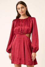 Burgundy Satin Mini Dress with Long Sleeves and Side Cutouts Casual Dresses