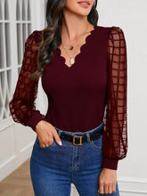 Burgundy Scalloped V-Neck Blouse with Sheer Plaid Sleeves Burgundy