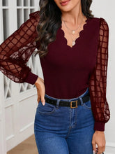 Burgundy Scalloped V-Neck Blouse with Sheer Plaid Sleeves