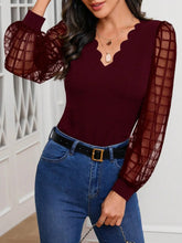 Burgundy Scalloped V-Neck Blouse with Sheer Plaid Sleeves