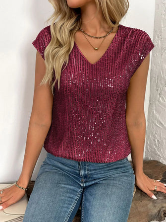 Burgundy Sequin V-Neck Top for Women Burgundy