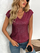 Burgundy Sequin V-Neck Top for Women Woman T Shirts