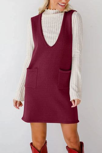 Burgundy Sleeveless Jumper Dress with Pockets for Women Burgundy