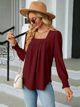 Burgundy square neck puff sleeve blouse with pleated long sleeves