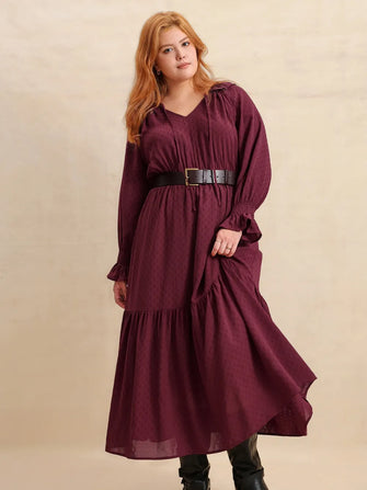 Burgundy Swiss Dot Tiered Maxi Dress with Belt Long Sleeve Burgundy