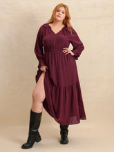 Burgundy Swiss Dot Tiered Maxi Dress with Belt Long Sleeve